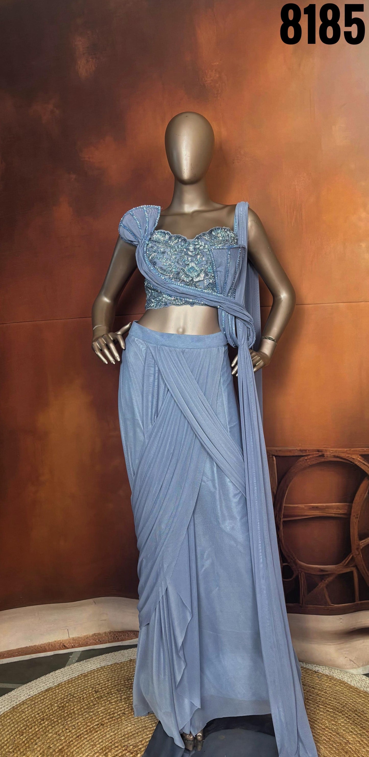 Powder Blue Pre-Draped Saree Set (Style No-8185)