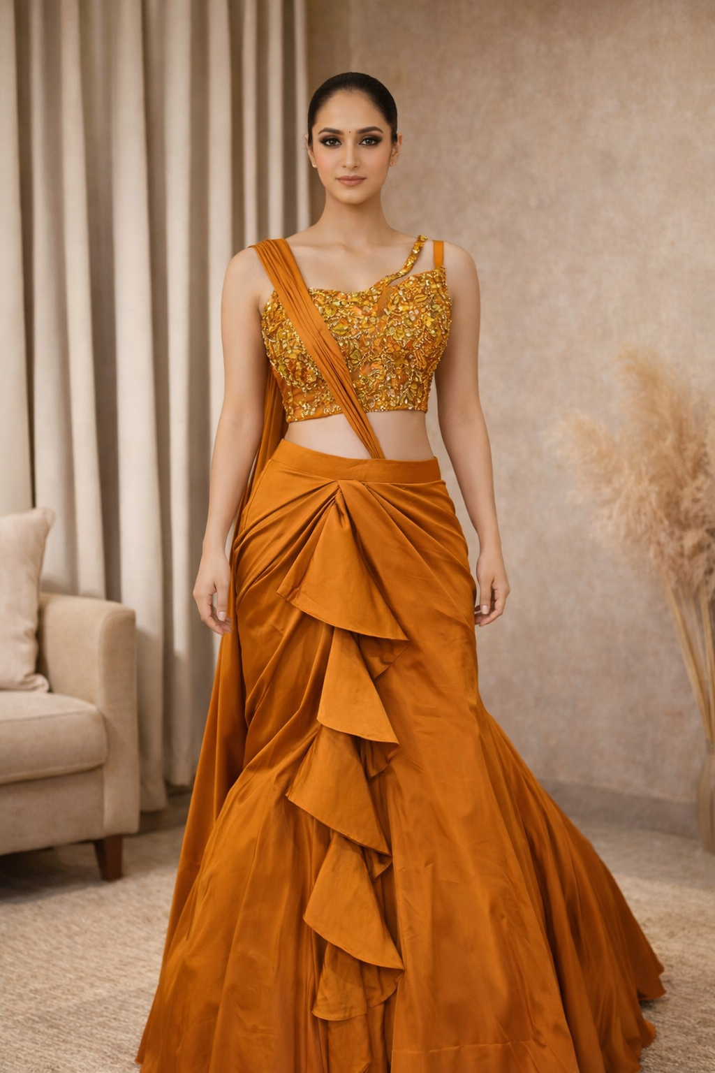 Woman wearing a mustard yellow traditional outfit with a ruffled skirt 