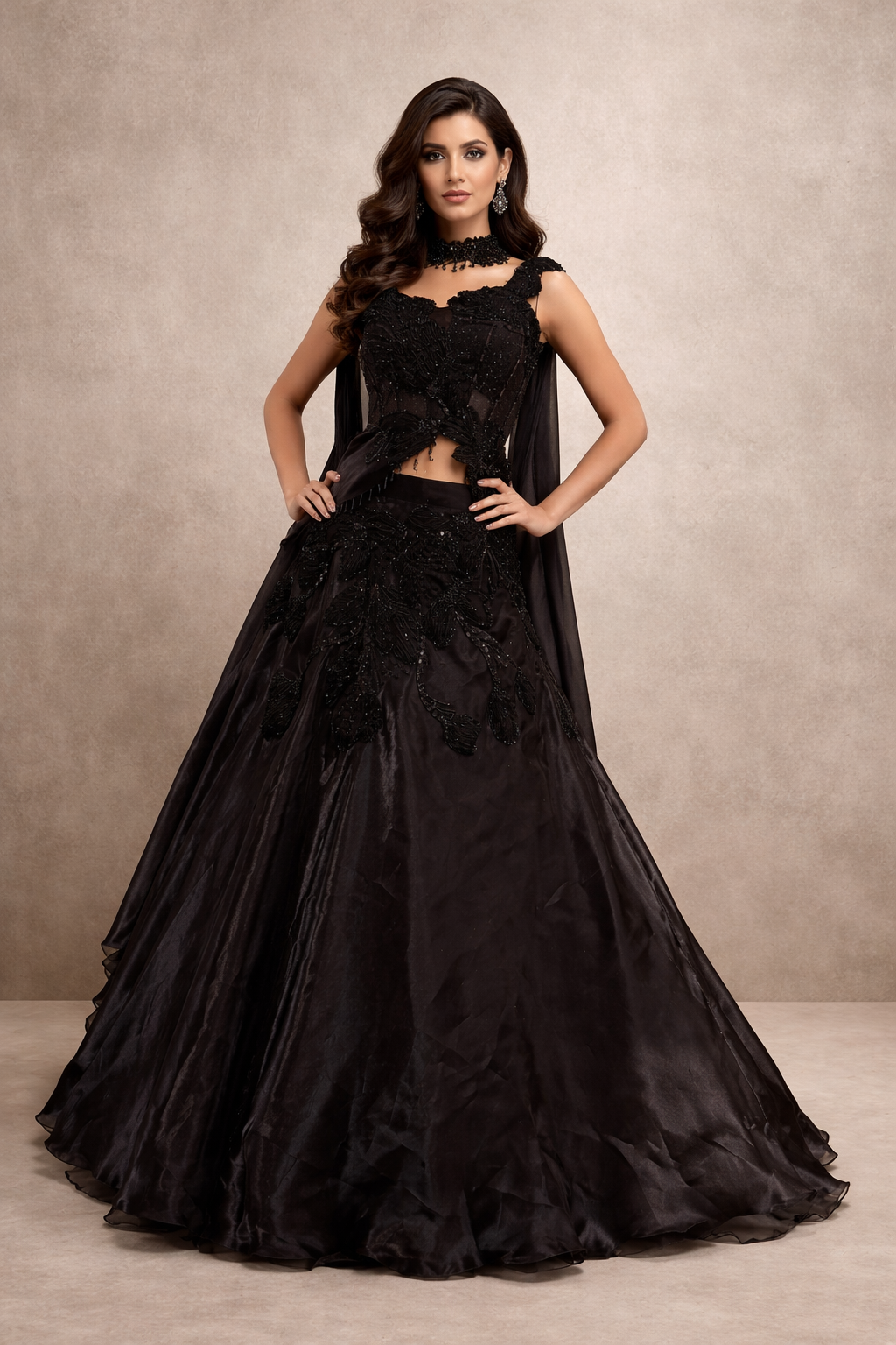 Woman wearing a black handwork lehenga