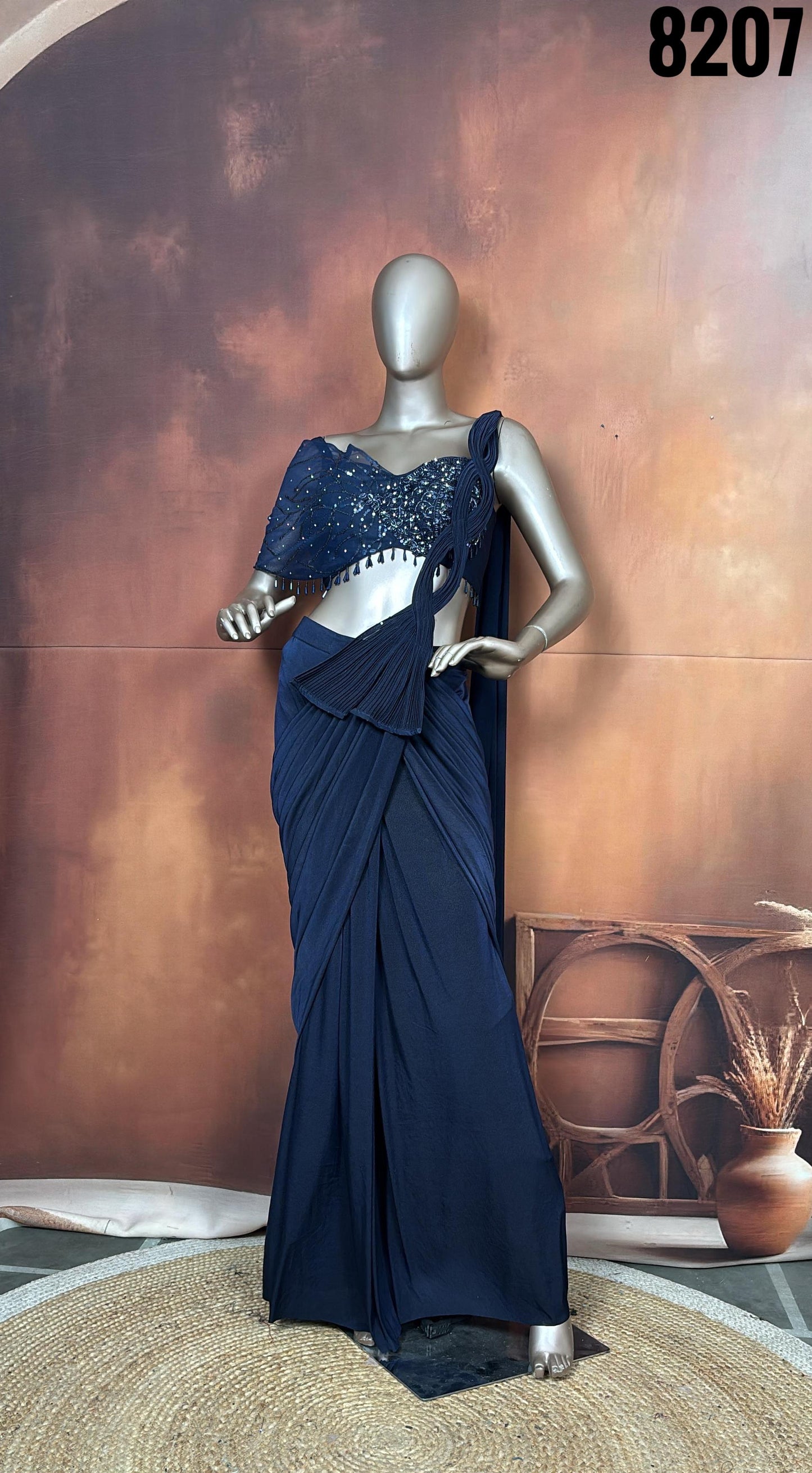 Midnight Blue Embellished Pre-Draped Saree Set ( Style No-8207)