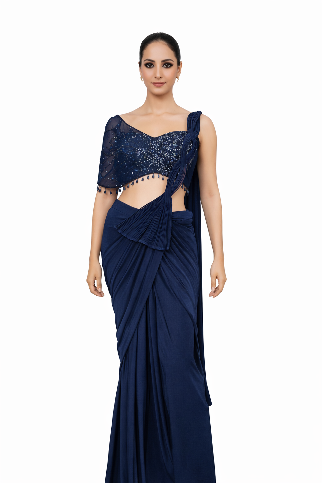 Woman wearing a navy blue saree with a handwork blouse 