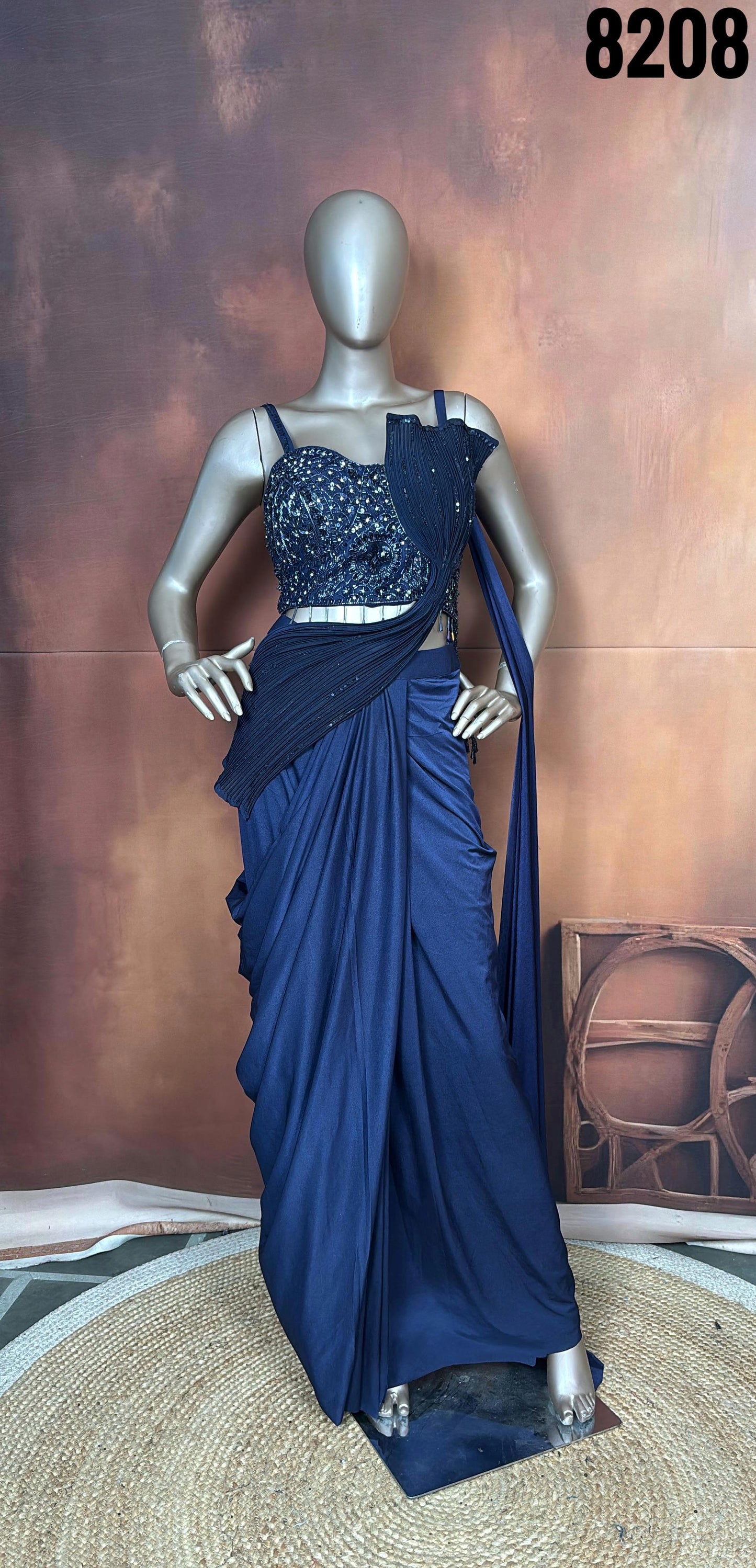 Navy Blue Embellished Pre-Draped Saree Set  (Style No-8208)