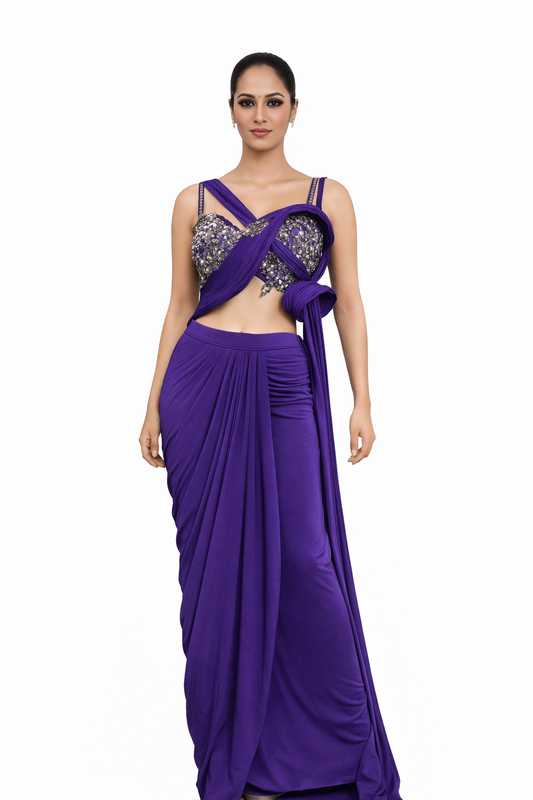 Royal Purple Embellished Pre-Draped Saree Set – Party Cocktail Wear (Style No-8217)