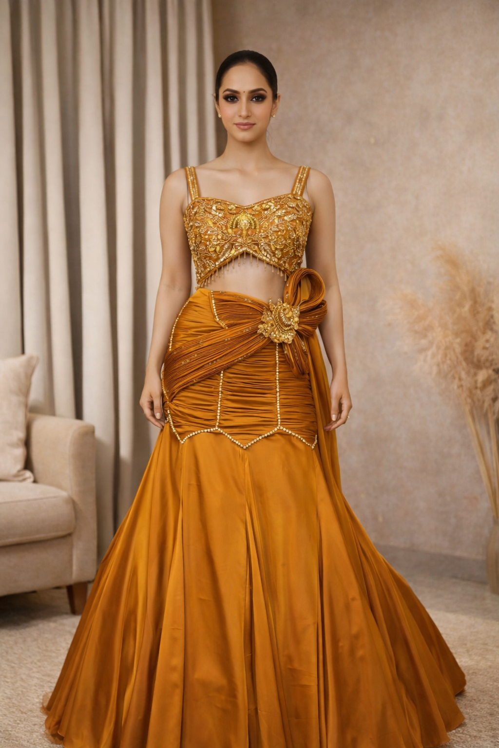 Woman wearing a gold and orange traditional outfit