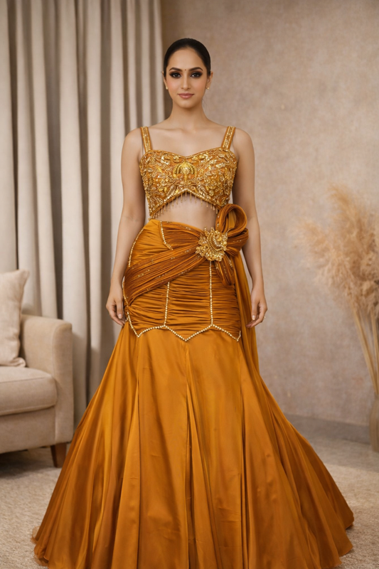 Woman wearing a gold and orange traditional outfit