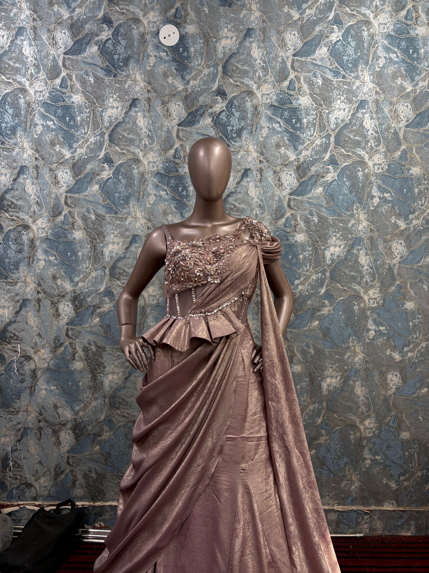 Rose Gold Embellished Pre-Draped Saree Set – Party &amp; Festive Wear (Style No-8236)