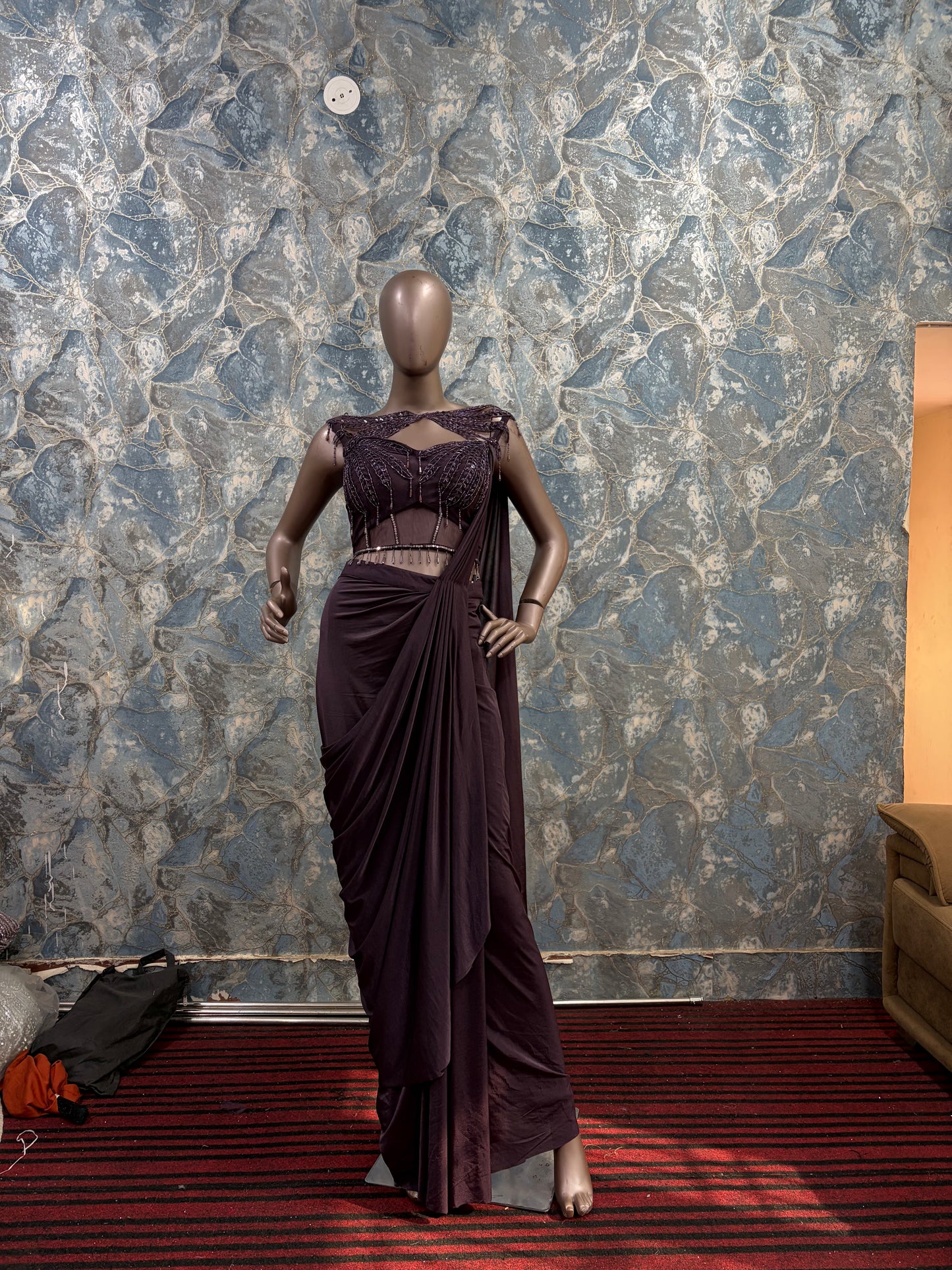 Wine colour saree with stylish blouse