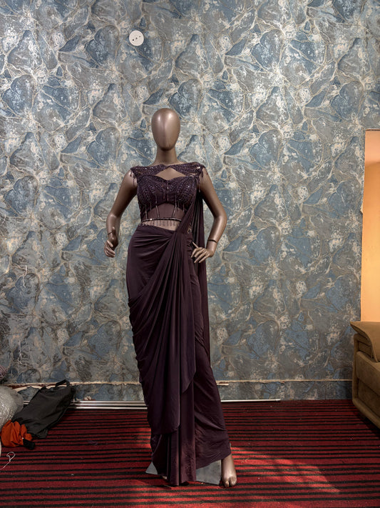 Wine colour saree with stylish blouse
