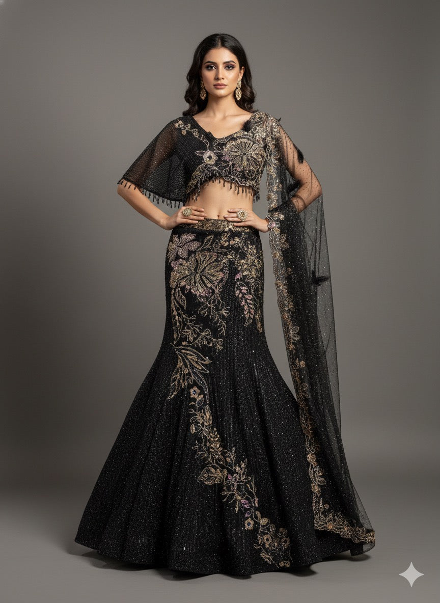 Woman wearing a black embroidered traditional outfit on a gray background