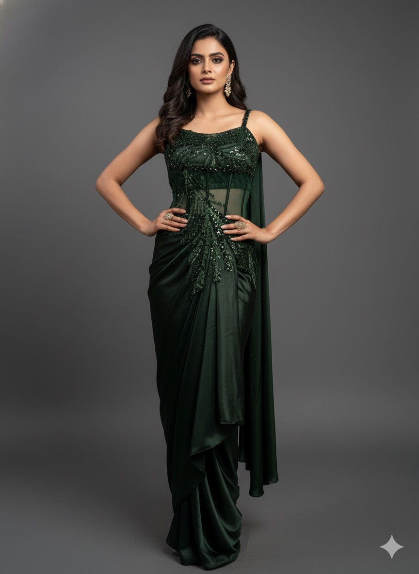 Woman wearing a green evening gown