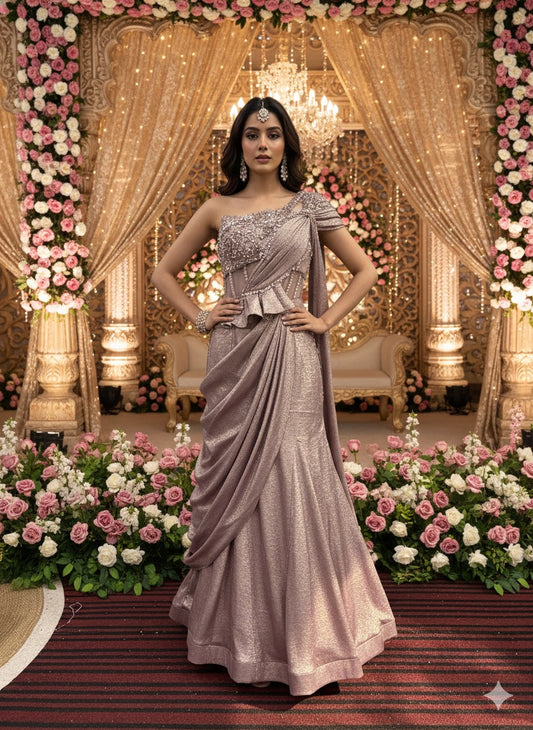 Rose Gold Embellished Pre-Draped Saree Set – Party &amp; Festive Wear (Style No-8236)