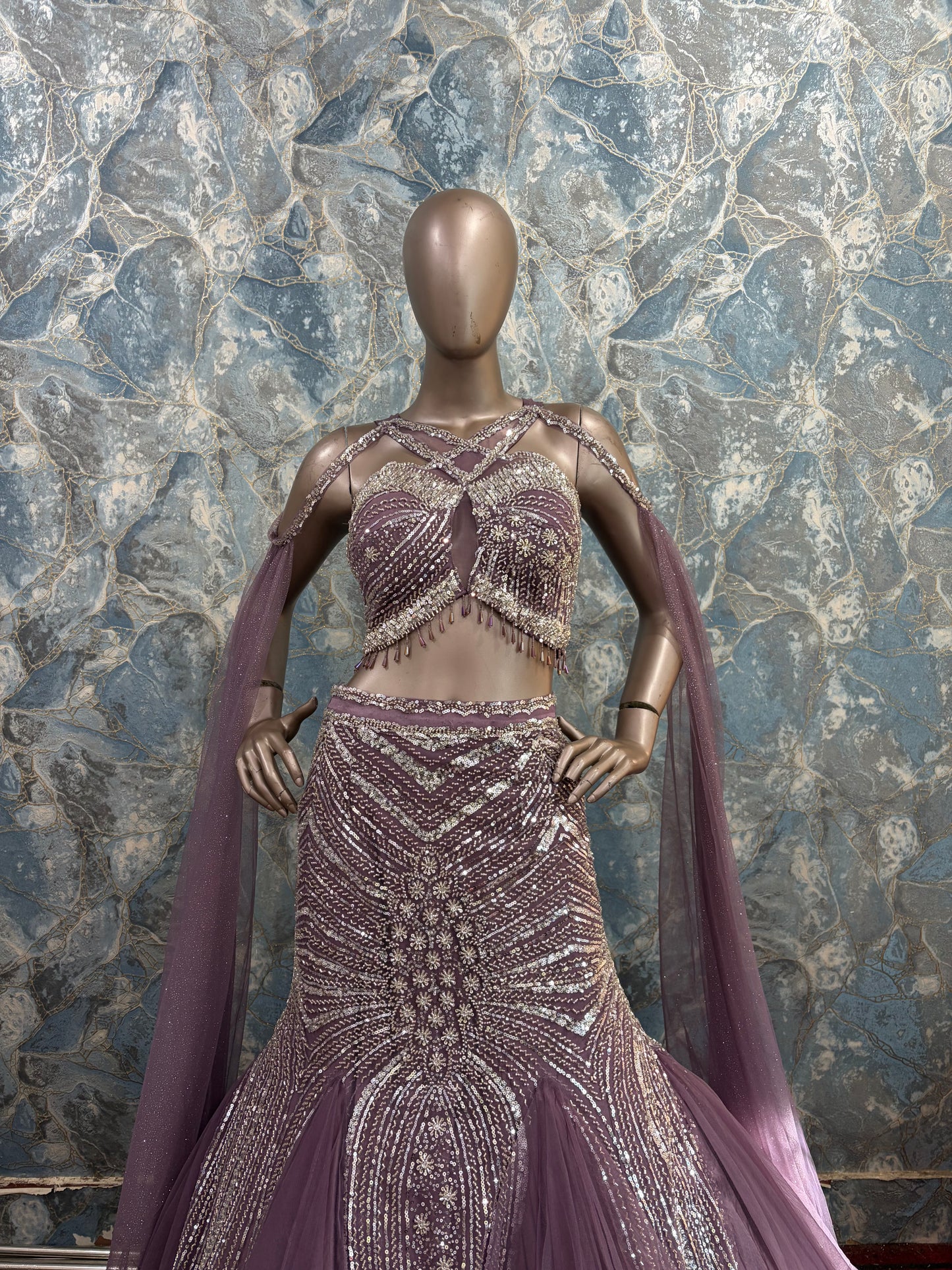 Mauve Pink Embellished Lehenga Set with Sheer Drape (Style No-8241)