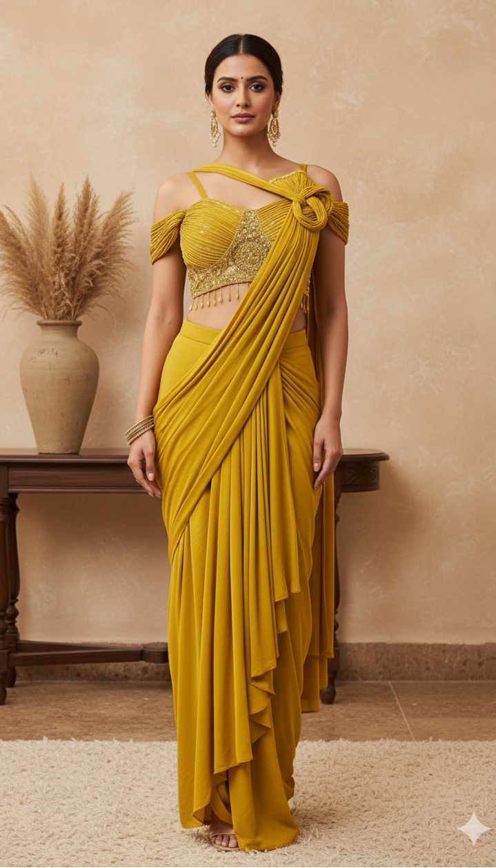 Woman wearing a yellow saree with handwork  blouse 