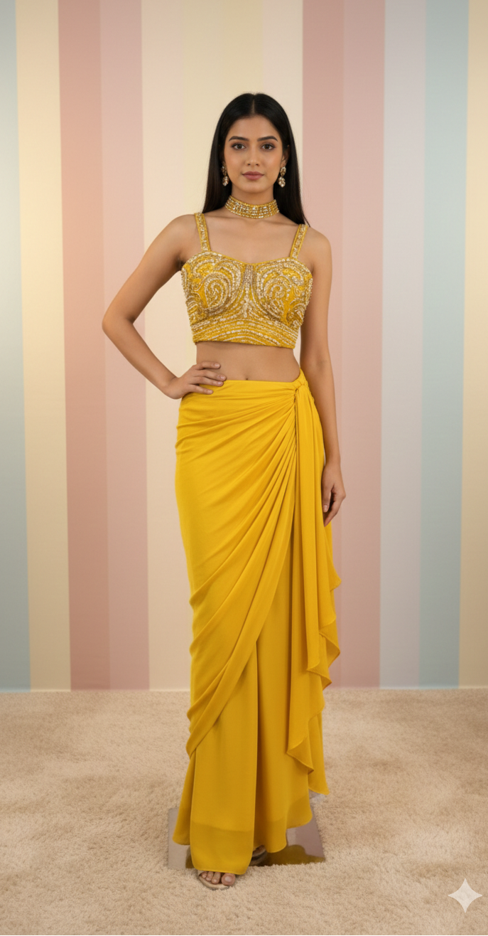 Woman wearing a yellow saree with handwork blouse against a striped background