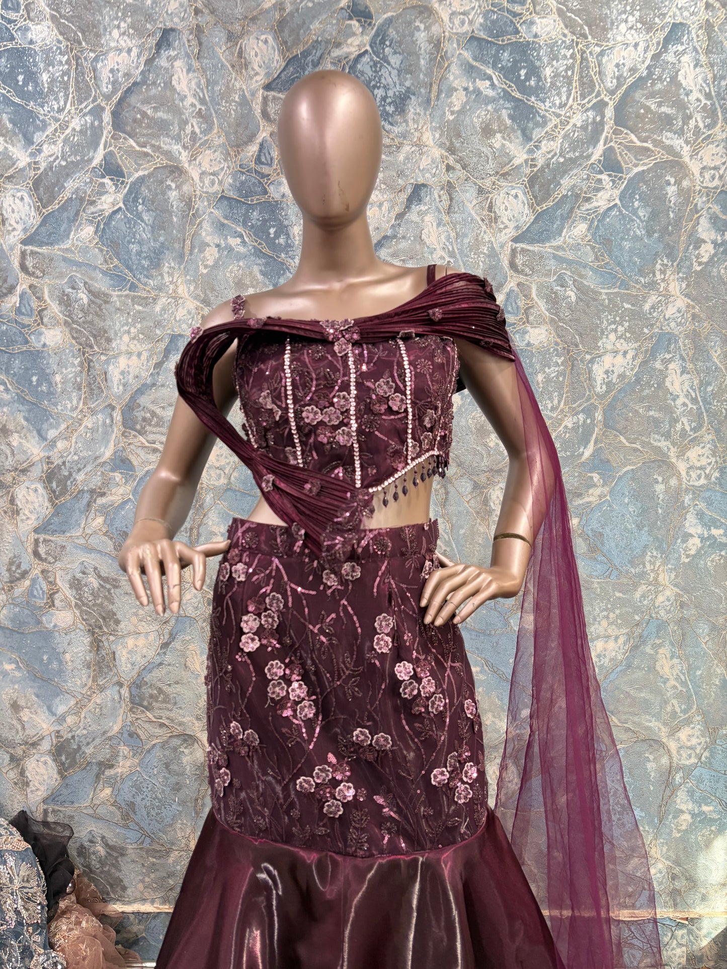 Wine Embroidered Indo-Western Mermaid Set (Style No-8243)