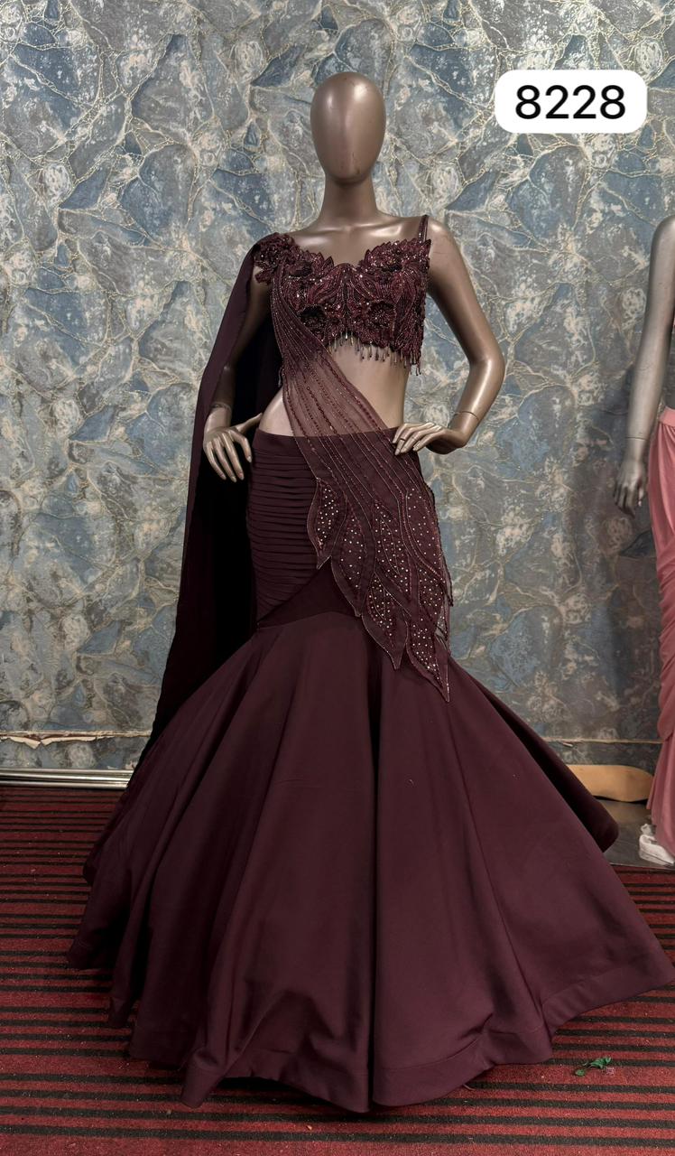 Wine Embellished Pre-Draped Saree Gown (Style No-8228)