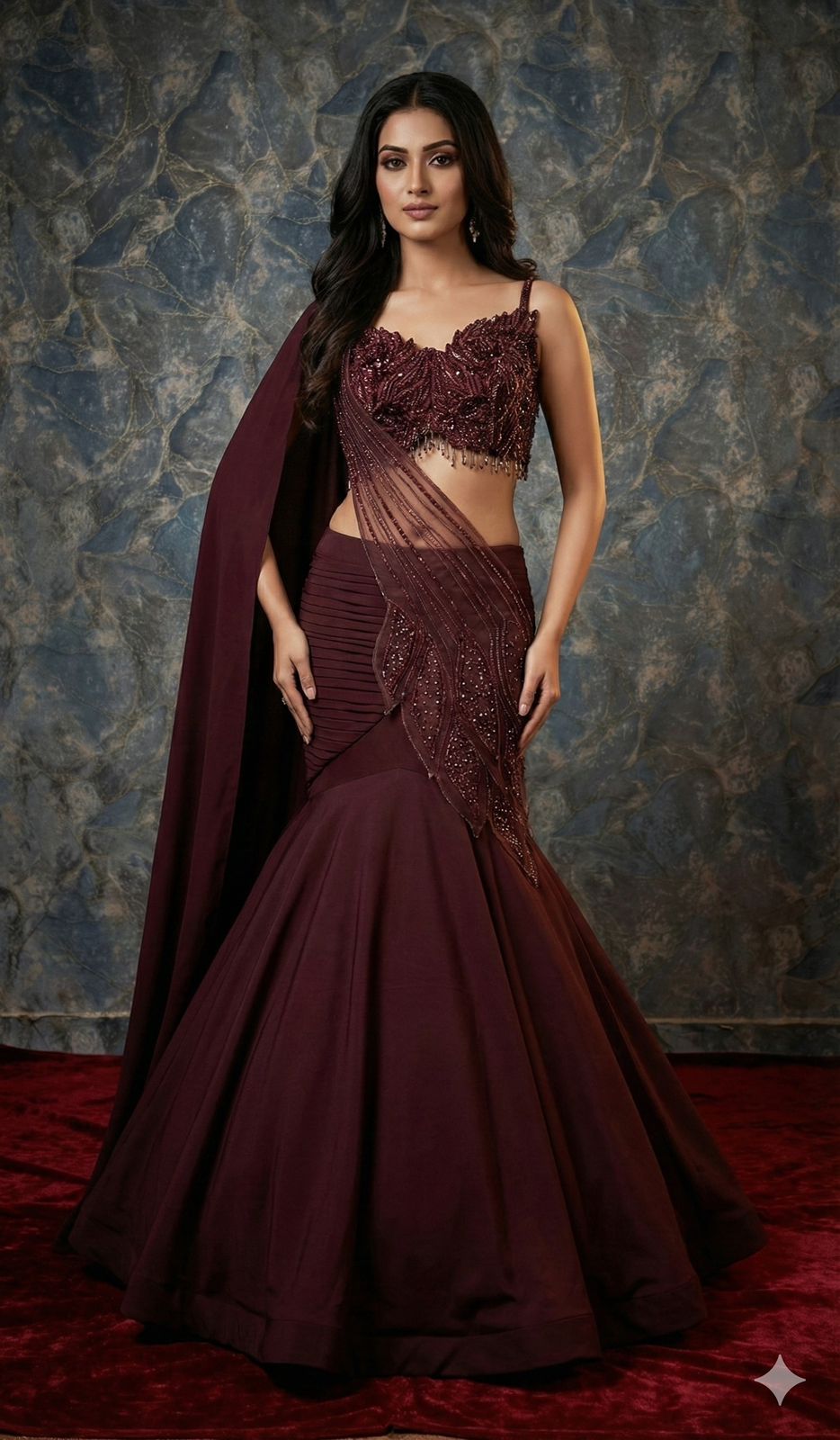 Woman in a burgundy evening gown