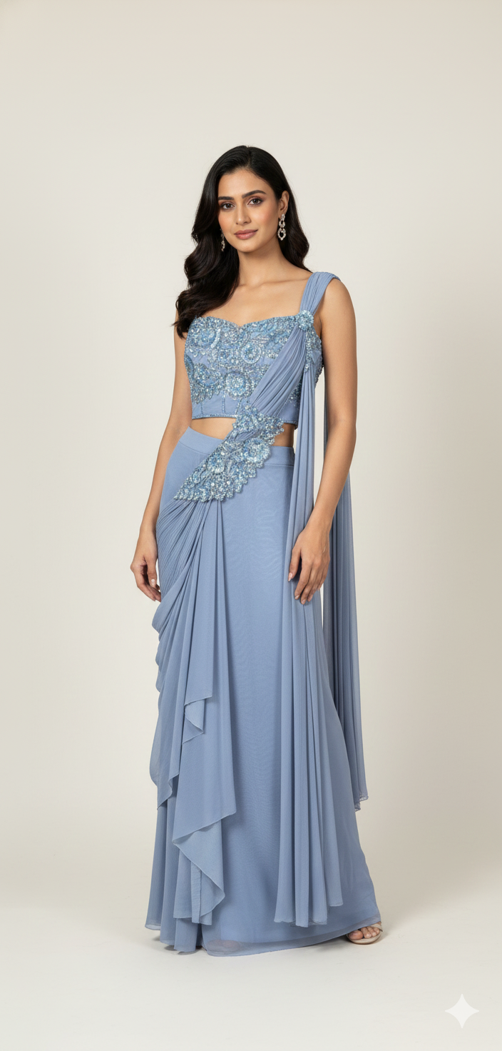 Woman wearing a blue embroidered outfit 