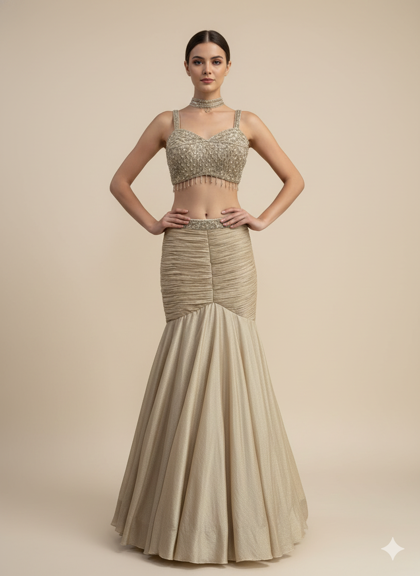 Woman wearing a beige lehenga