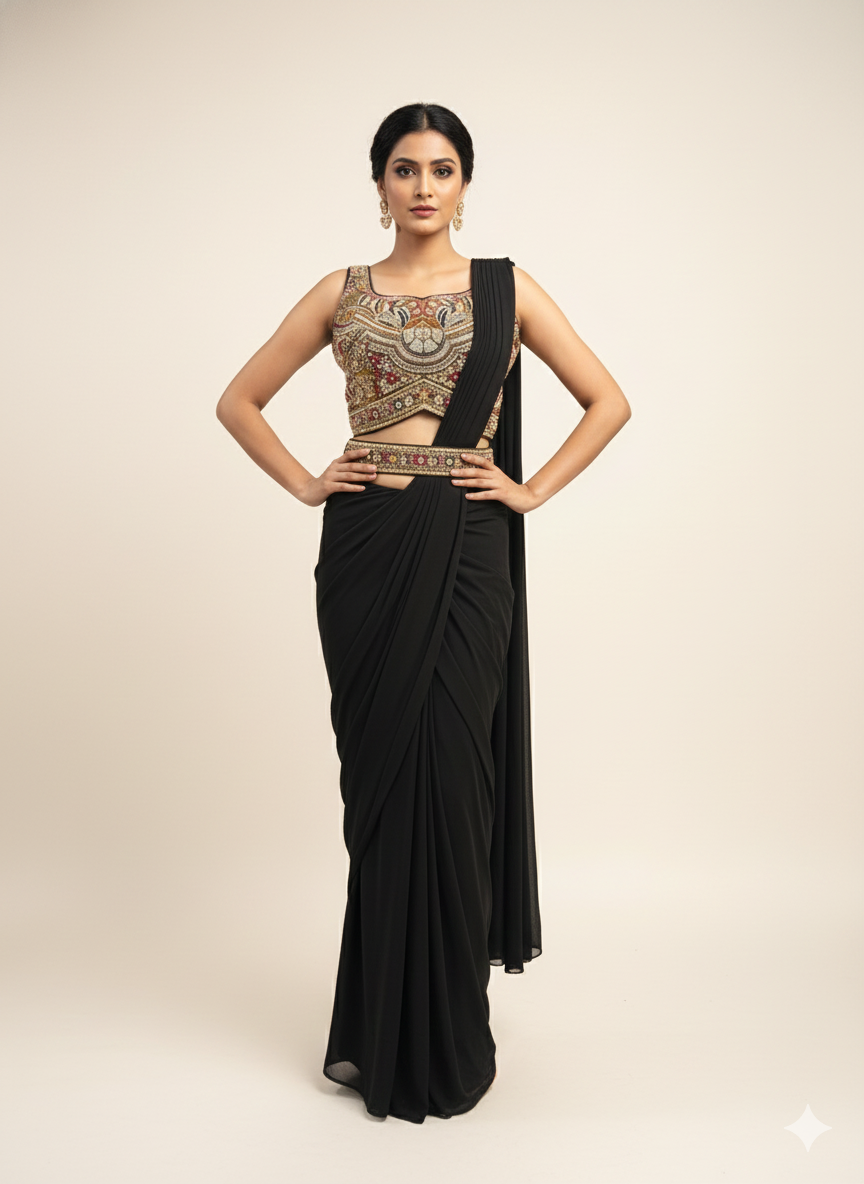 Woman wearing a black saree with an embroidered blouse