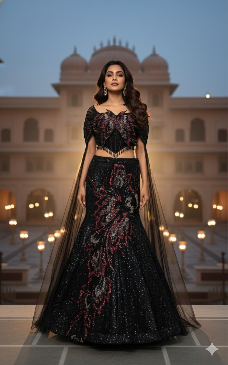 Woman in a black embroidered traditional outfit 