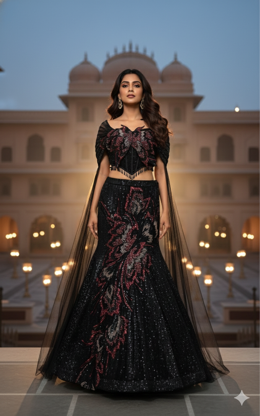 Woman in a black embroidered traditional outfit 