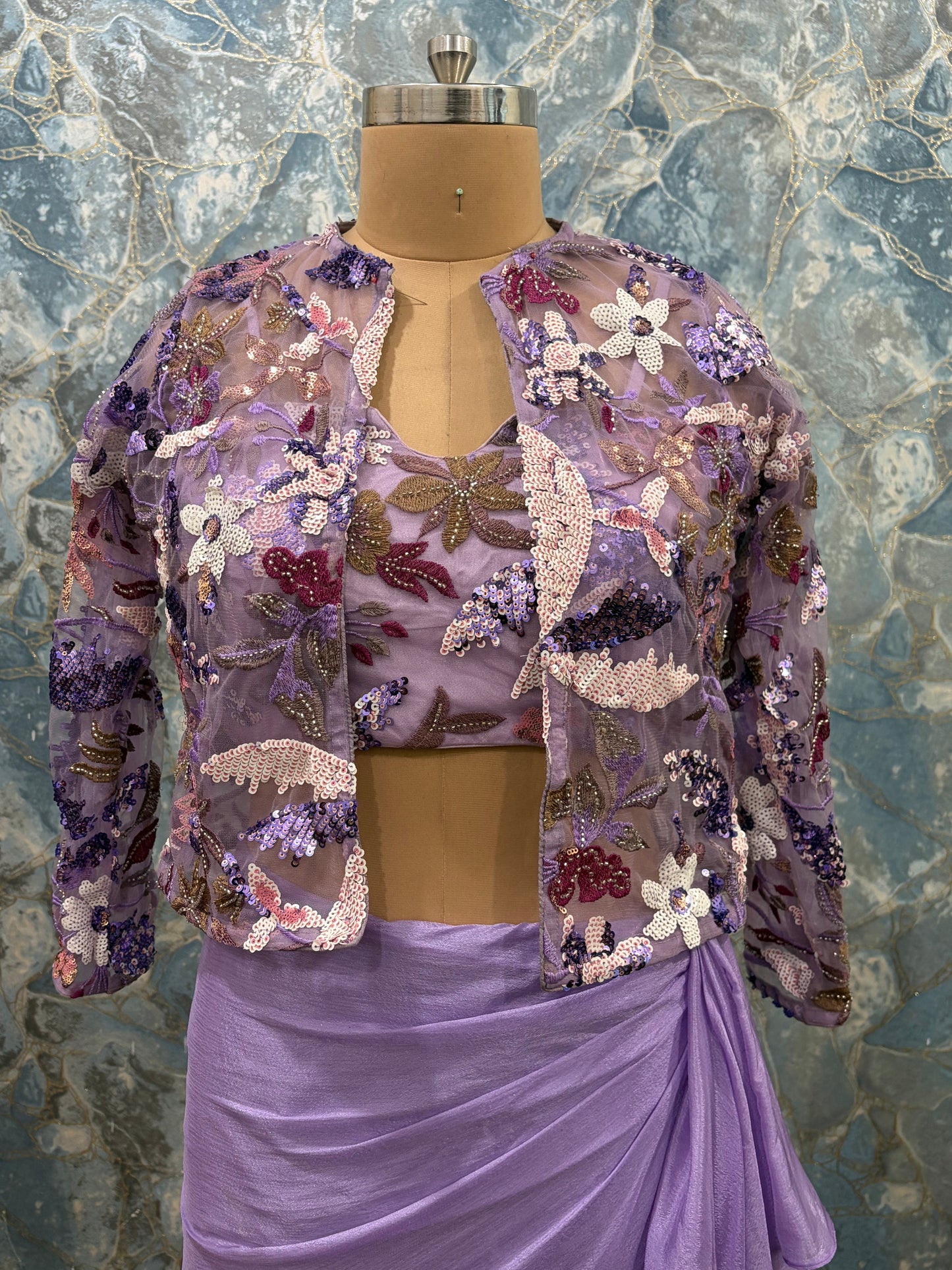 Lavender Pre-Draped Saree Set with Embroidered Jacket & Blouse