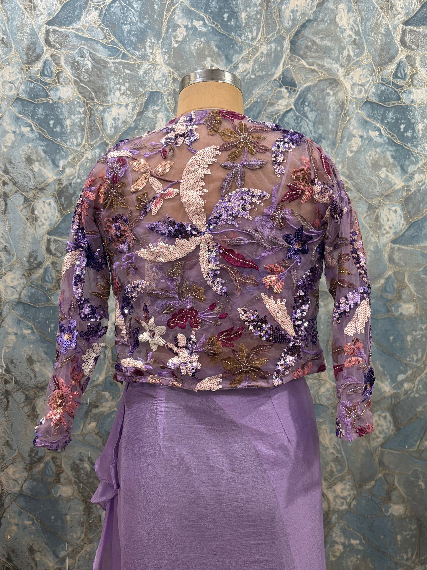 Lavender Pre-Draped Saree Set with Embroidered Jacket & Blouse