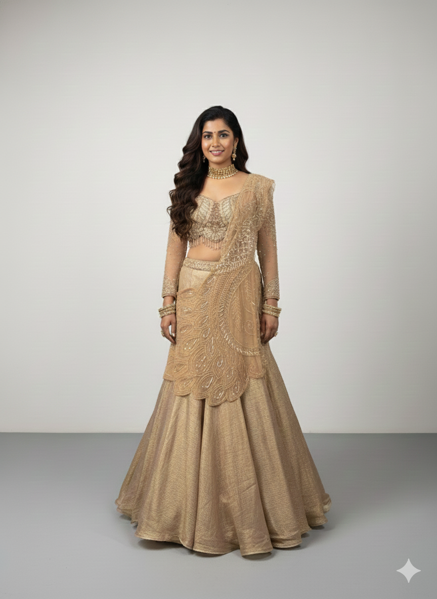 Golden embroidered lehenga set with full sleeve blouse and sheer drape for wedding and festive wear