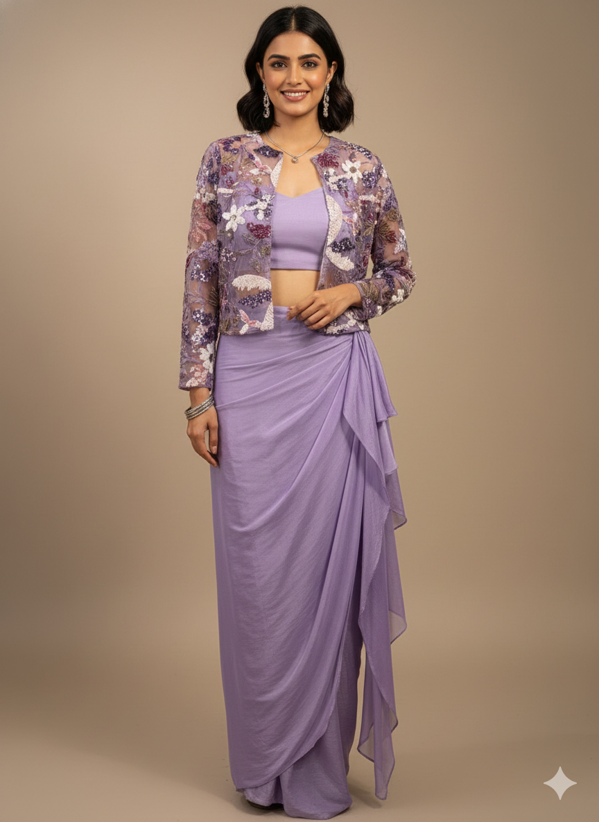 Lavender pre-draped saree set with embroidered jacket and blouse for cocktail parties and festive wear