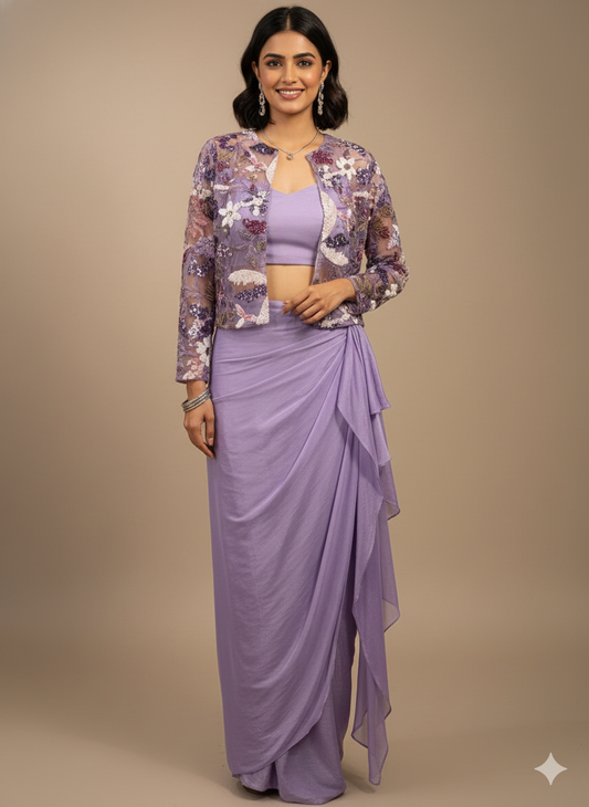 Lavender pre-draped saree set with embroidered jacket and blouse for cocktail parties and festive wear