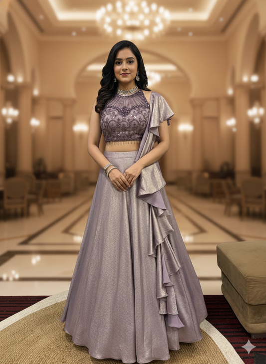 Lavender shimmer lehenga set with embroidered blouse and ruffle drape for cocktail parties and wedding functions