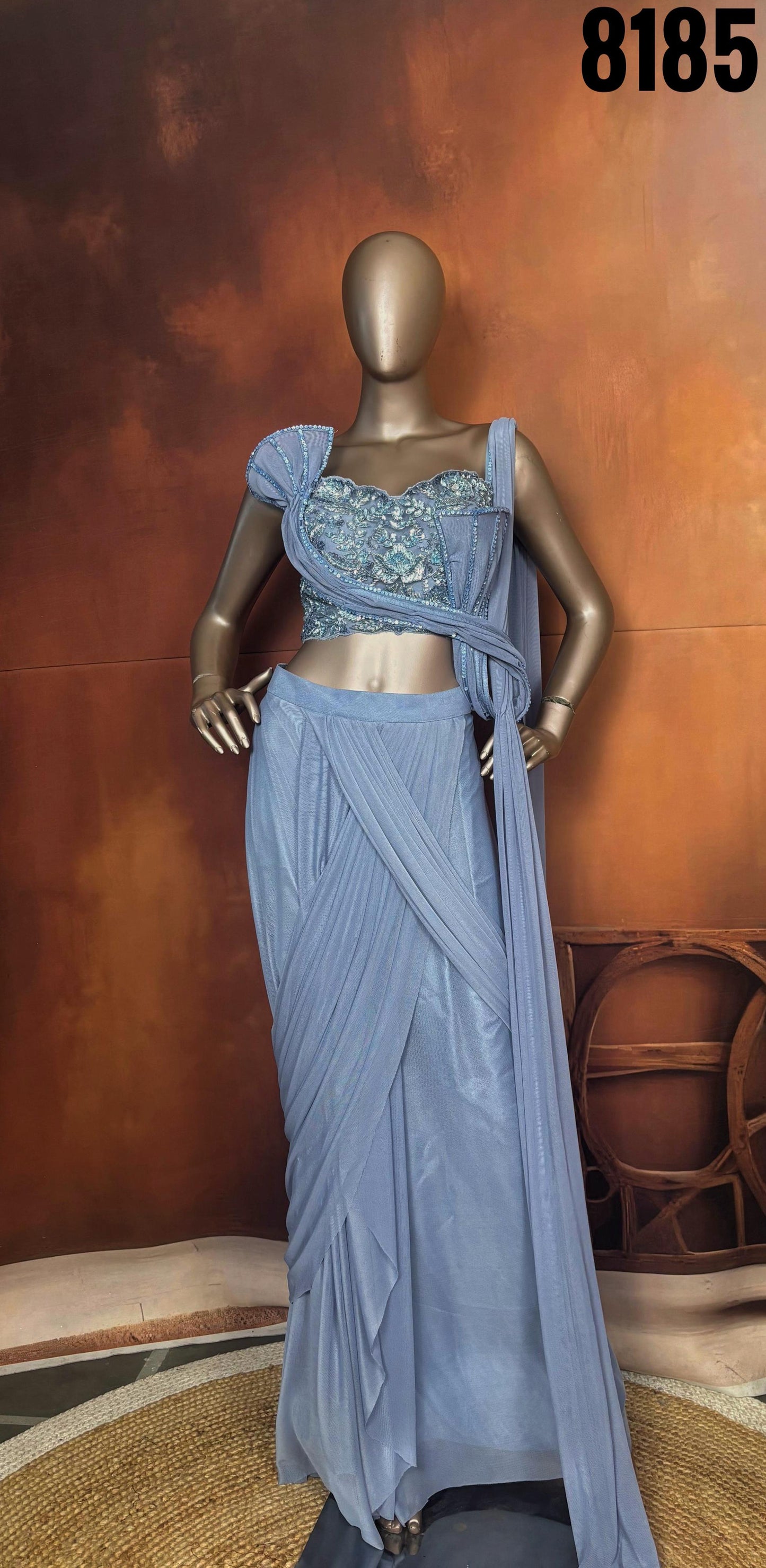 Dusty Blue Pre-Draped Saree with Embroidered Blouse (Style No-8183)