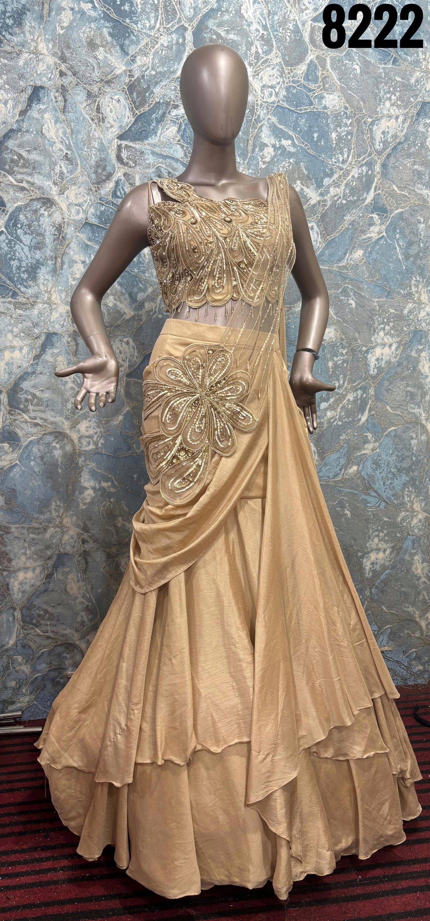 Elegant Gold Pre-Draped Lehenga Set (Style No-8222)