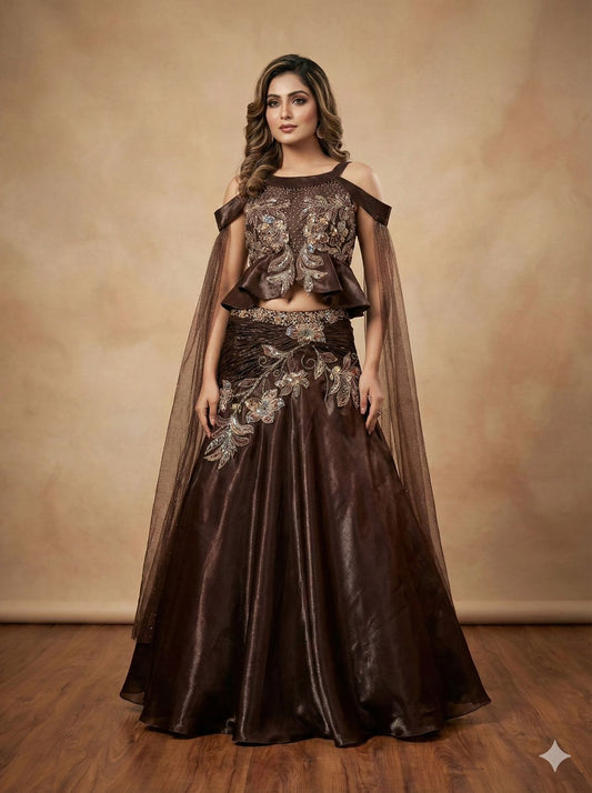 Chocolate Brown Embroidered Lehenga Set with Cape – Party & Festive Wear (8231)
