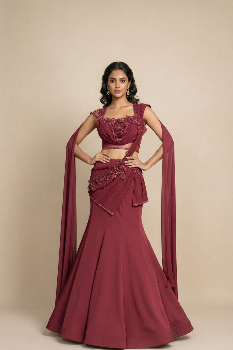 Wine maroon designer lehenga set with embroidered blouse by Fabrani Couture.
